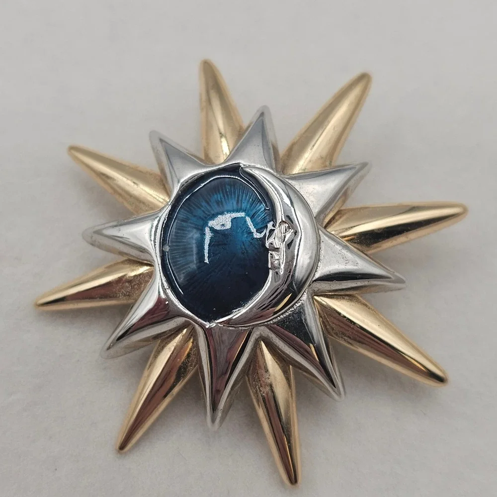 Celestial Sun & Moon Brooch Pin 2pc Gold Silver Tone Blue Enamel Rhinestone